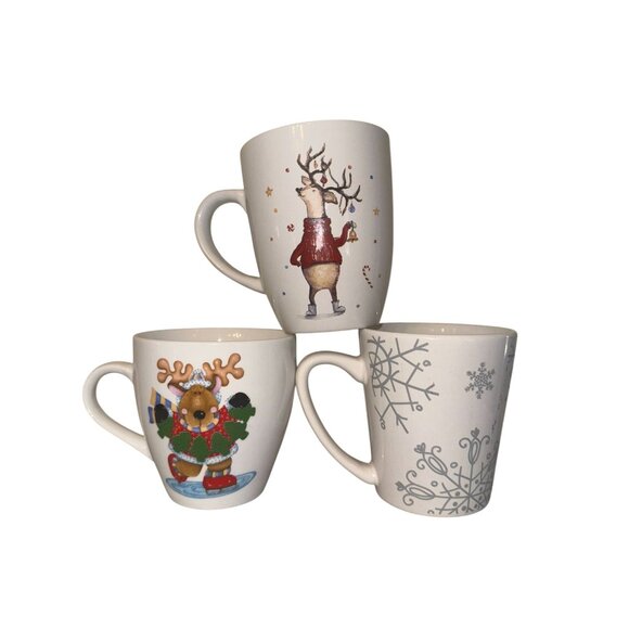 Set Of 3 Holiday Reindeer Ceramic Mugs - Picture 1 of 4